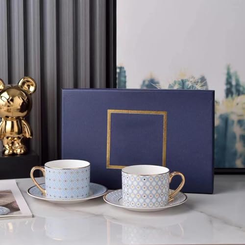 Coffee Cup and Saucer Set – Elegant Royal Blue Star Bone China Gold-Trimmed Tea Cup, Luxurious Metallic Accent Ceramic Cup (Sky blue,2 Cups + 2 Saucers,Art Deco) - color: Sky Blue