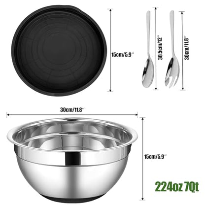 ShineMe Stainless Steel Salad Bowl with Lid, Extra Large Metal Bowl with Serving Utensils for Preparing, Mixing, Marinating, and Serving with Anti-slip Bottom, Unbreakable Kitchen Bowls 7QT - color: Silver