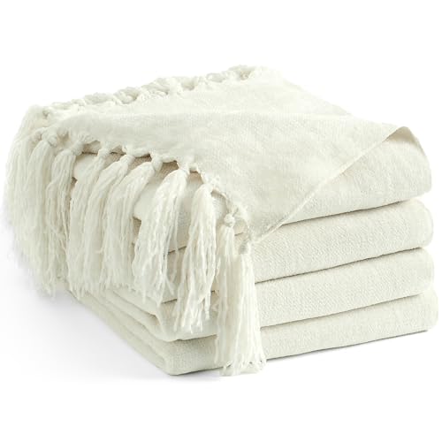 Chenille Throw Blanket for Couch 60" x 80" Twin, Ivory White | Soft Cozy Warm Throws with Fringe Tassel, for Living Room Bed Sofa Chair Cover, Lightweight Knitted Decorative Boho Blankets - color: Ivory White, size: 60x80 inch