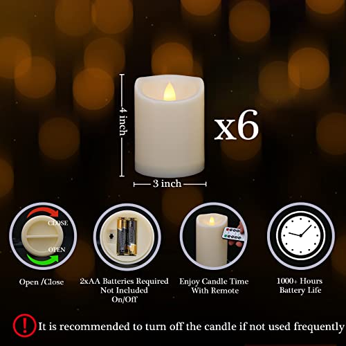 Battery Operated Flickering Flameless Candles with Remote and Timers, 1000 Hours Waterproof Outdoor Indoor LED Pillar Flameless Candles,Ivory Plastic, D3 X H4, Set of 6 - color: 6 Pack-D3"x H4"