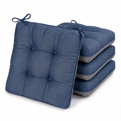 Chair Cushions for Dining Chairs Set of 4, 15.5" x 15.5" x 3.5" Kitchen Chair Cushions with Ties, Upgraded Silicone Non-Slip Bottom, Premium Shredded Memory Foam Chair Pads, Navy Blue - color: Navy Blue