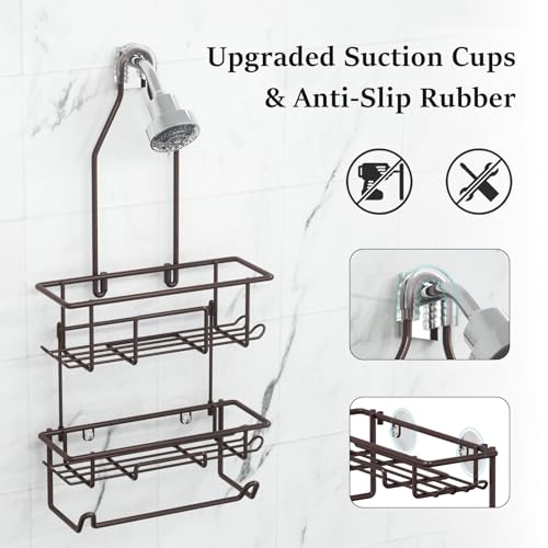 Shower Caddy Hanging over Shower Head Rust Roof Shower Organizer with 10 Hooks for Razor Shampoo Holder Bathroom Shower Rack Storage Shelf with Towel Bar – Bronze