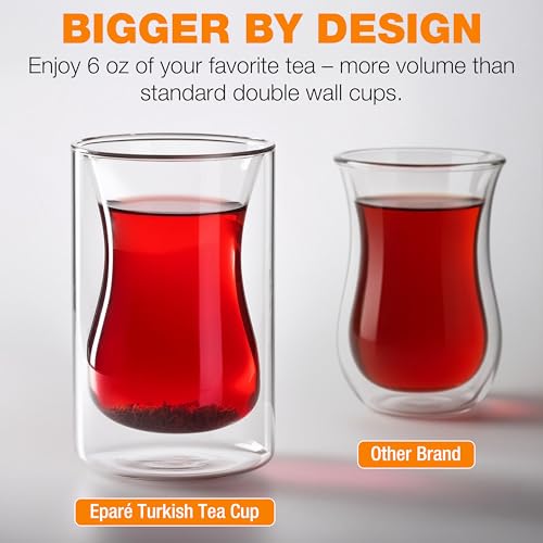 Eparé 6 oz Turkish Tea Cups Set of 2 – Heat Resistant Double Wall Turkish Tea Glass – Lightweight and Insulated Borosilicate Glass Coffee Mugs