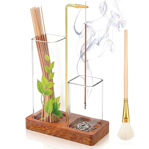 2 in 1 Upside Down Incense Holder Wooden Glass Burner Ash Catcher & Storage | Ash-proof upside-down 2-in-1 incense holder with glass catcher, wood base, storage, free brush, for yoga meditation spa decor