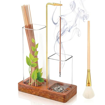 2 in 1 Upside Down Incense Holder Wooden Glass Burner Ash Catcher & Storage | Ash-proof upside-down 2-in-1 incense holder with glass catcher, wood base, storage, free brush, for yoga meditation spa decor