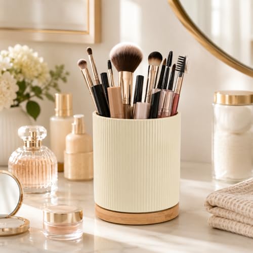 360° Rotating Ceramic Utensil Holder,Utensil Crock for Kitchen Counter | Kitchen Utensil Holder for Countertop with Rotatable Wooden Base,Ideal Housewarming Gifts & Mothers Day Gift-Yellow - color: Cream Yellow