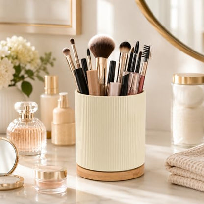 360° Rotating Ceramic Utensil Holder,Utensil Crock for Kitchen Counter | Kitchen Utensil Holder for Countertop with Rotatable Wooden Base,Ideal Housewarming Gifts & Mothers Day Gift-Yellow - color: Cream Yellow