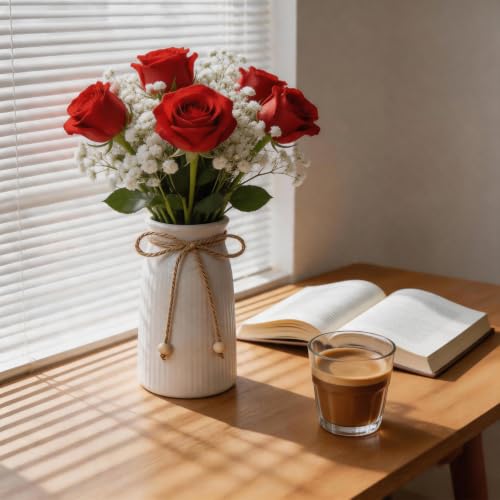 Rustic 6-Inch Ceramic Vase with Jute Rope & Wood Ball Charm for Home Décor, White Flower Vase for Table Centerpieces and Gifts, Ideal for Living Room, Bedroom - style: Elegant