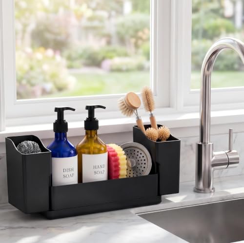 Sponge Holder for Kitchen Sink with Drying Stone, Black | Kitchen Caddy Sink Organizer, 2 Removable Cups, Premium ABS, Anti-Slip, 12.7" Sponge and Soap Holder for Kitchen Counter - color: Black