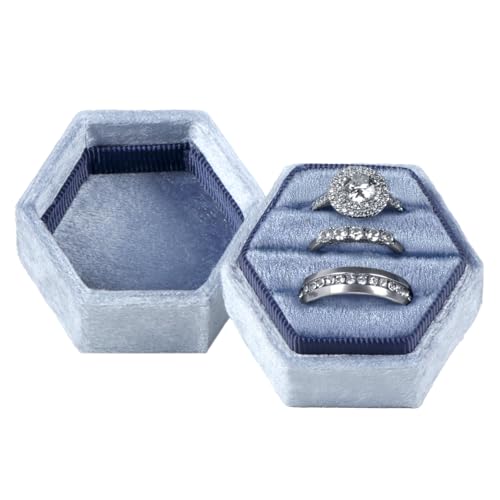 MFXIP Velvet 3 Slots Jewelry Ring Box Engagement Wedding Box Keepsake Box Bridal Photo Ring Triple Slots Hexagon - color: Blue