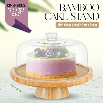 CHEF'S UNIQUE 6-in-1 Bamboo Cake Stand with Dome – Multifunctional Serving Platter, Punch Bowl, Salad Bowl, Chip & Dip Tray, Dessert Display with Clear Acrylic Cover