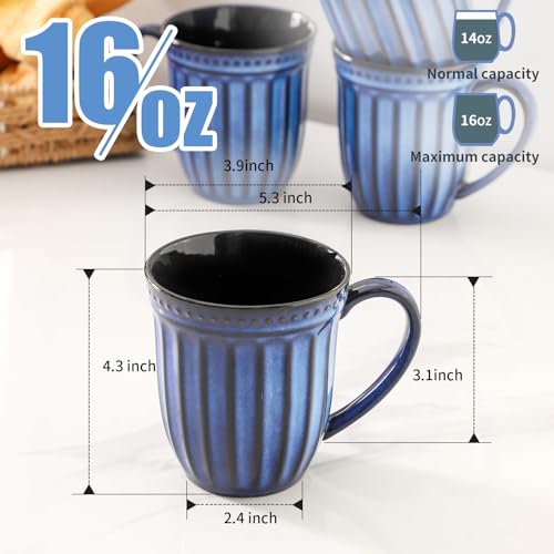Coffee Mugs Set of 4, 16oz Navy Blue Ceramic Coffee Mug with Embossed Ribbed, Farmhouse Tea Cup Set for Latte, Cappuccino, Milk, Large Handle, Suitable for Office Home Restaurant Housewarming Gift - color: Navy Blue