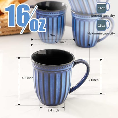 Coffee Mugs Set of 4, 16oz Navy Blue Ceramic Coffee Mug with Embossed Ribbed, Farmhouse Tea Cup Set for Latte, Cappuccino, Milk, Large Handle, Suitable for Office Home Restaurant Housewarming Gift - color: Navy Blue