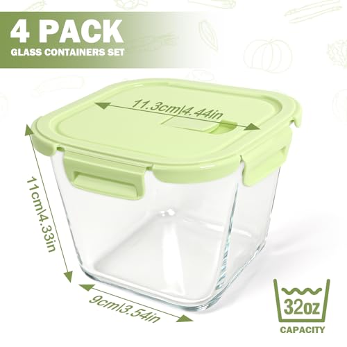 Borosilicate Glass Soup Containers with Lids, 4 Cup/32 oz, 4 Pack | Microwave Dishwasher Oven Freezer Safe | Airtight Leak Proof | Food Grade | Square Soup Meal Prep | Lunch | Food Storage Set - color: Multicolor