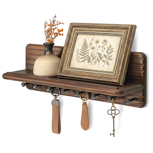 Rebee Vision Key Holder Wall Mount for Home Office Rustic Wall Decor, Brown | Pine Wood, Key Holder with Floating Shelf, Coat Rack, Mail Holder, Display Plant & Letter, Entryway Wall Organizer for Decor - color: Brown