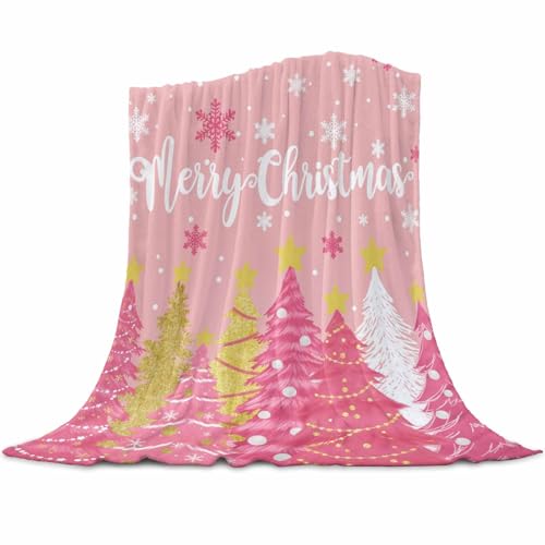 Pink Christmas Tree Throw Blanket, Merry Christmas Super Soft Warm Flannel Blankets for Bed Couch Sofa Gold White Pine Tree Snowy Lightweight Fluffy Plush Bed Throws 40x50 Inch - color: White Pink, size: 40''x50''