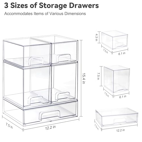 Hvygss Clear Stackable Storage Drawers, Countertop Bottle Organizer 5-Pack | Pull-Out Drawers, Waterproof, Dustproof, Bpa-Free, Space-Saving, For Vanity, Bathroom, Kitchen, Cabinet, Pantry