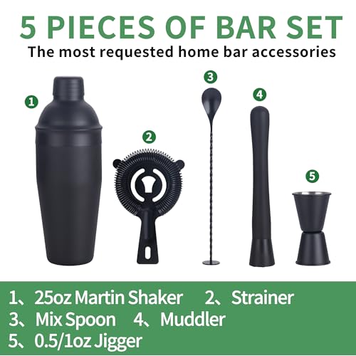 Cocktail Shaker Set Bartender Kit,5 Piece Bar Set Stainless Steel Bar Tools Set for Professional Bartender and Home (Matte Black, 5-Piece) - color: Matte Black