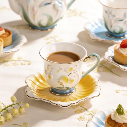 KAMMAK Tea Cups and Saucers Set of 2, Porcelain Coffee Cups, NX015 | Gold Rim, Stackable Espresso Mugs, Ceramic Demitasse for Coffee, Latte, Americano, Afternoon Tea, Elegant Gift for Women - size: 8CZNX015+16