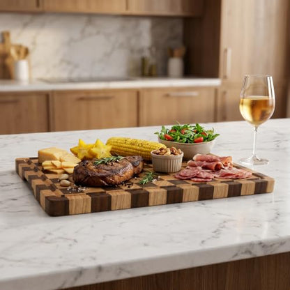 End Grain Checkerboard Cutting Board, Premium Butcher Block with Juice Groove & Built-in Handles, Reversible Wooden Chopping Board for Kitchen Prep, Meat & Charcuterie
