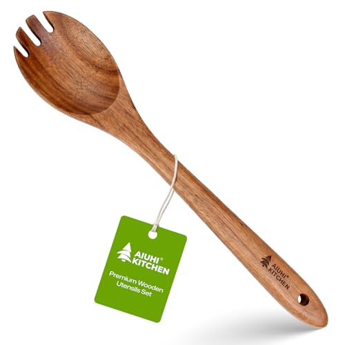 Wooden Salad Spoon Fork, 2-in-1 Teak Wood Cooking Utensil, Long Handle Non-Stick Safe Pasta Server for Mixing Tossing Serving Salad Pasta and Fruits