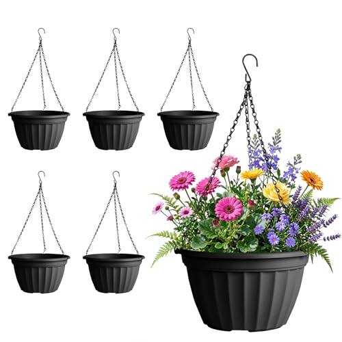 FGstyle 6 Pack 8 Inch Hanging Planters,Hanging Baskets for Plants Outdoor | Self Watering Plastic Hanging Flower Pots with Soil Elevator and 20" Chain for Home Garden Porch Balcony Patio Decor(Black) - color: Black, size: 8 inch-6 pack