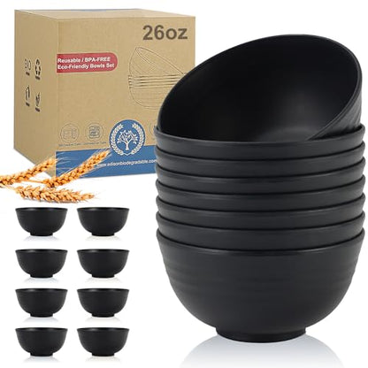 Wheat Straw Bowl Sets,8 PCS Unbreakable Cereal Bowls 26 OZ,Microwave and Dishwasher Safe Bowls,Alternative Plastic Bowl Reusable for cereal,salad,snack and soup (Pure Black) - color: Black, size: 26 oz