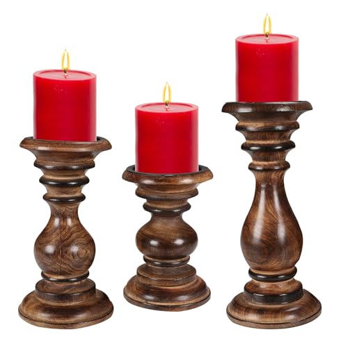 Candle Holders Set of 3 (10",8" & 6" Height)_Burnt Finish,Pillar Candle Holder in Mango Real Wood,Decorative Candle Holders for Table Centerpiece, Wedding, Party, Home Décor, Spa, Farmhouse, Gifting - color: Burnt, size: 10"+8"+6" - High