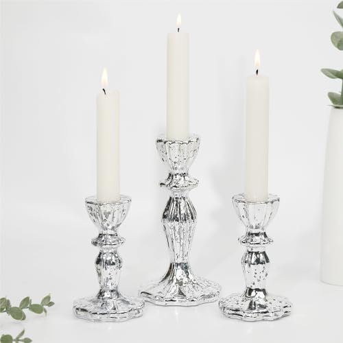 Glass Candlestick Holders Set of 3, Silver Mercury Candle Holder Taper Candle Holders for for Candlesticks, Table Centerpiece, Home Decor,Wedding, Birthday, Party, Christmas - color: Silver