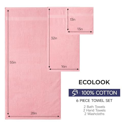 ecolook Ultra Soft 6-Piece Towel Set, 100% Cotton | Lighter Weight, Quick Dry, Highly Absorbent, 2 Bath, 2 Hand, 2 Washcloths, Perfect for Bathroom, Pink - color: Pink