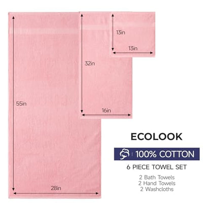 ecolook Ultra Soft 6-Piece Towel Set, 100% Cotton | Lighter Weight, Quick Dry, Highly Absorbent, 2 Bath, 2 Hand, 2 Washcloths, Perfect for Bathroom, Pink - color: Pink