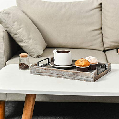Country Rustic Torched Wood Nesting Breakfast Serving Trays with Handles, Set of 3 (Torched Wood) - color: Torched Wood