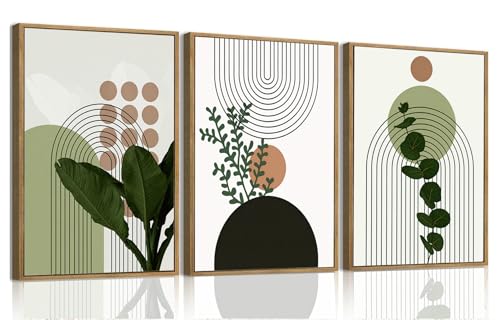 Boho Abstract Plant Framed Canvas Wall Art Set of 3, 12x16 inch | Mid Century Abstract Wall Decor, Plant and Line Leaf Prints, Bedroom Living Room Bathroom Art - color: Boho Plant, size: 12"x16"Natural