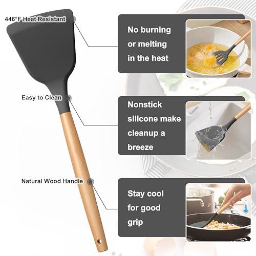 E-far Gray Silicone Cooking Utensils Set, 10-Piece Kitchen Utensils Set with Wooden Handle for Nonstick Cookware, Heat Resistant Kitchen Nonstick Tools Spatula Whisk Tongs Ladle, Non-toxic & Healthy - color: Gray, size: 10