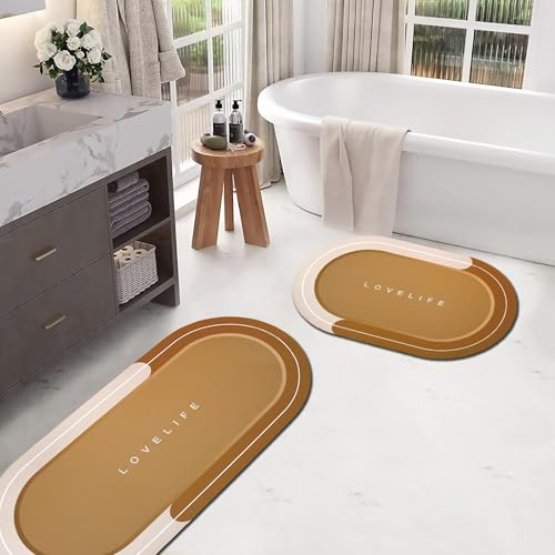 Rubber Bath mats Quick-Drying Non-Slip Bathroom mat Super Absorbent Bath mat Instant Dry Bath mat, Bathroom Rug in Front of The Kitchen Sink, Shower Room, Bathtub, Oval(Brown+16.9x26.7in+16.9x35.4in) - color: Brown, size: 16.9x26.7in+16.9x35.4in