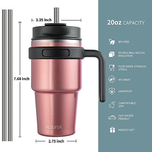 20 oz Insulated Travel Coffee Mug Tumbler with Handle and Straw | Leakproof Stainless Steel Coffee Cup with Lid, Double Wall Vacuum Ice Thermal Cup, Rose Gold - color: .Rose Gold, size: 20 Ounces