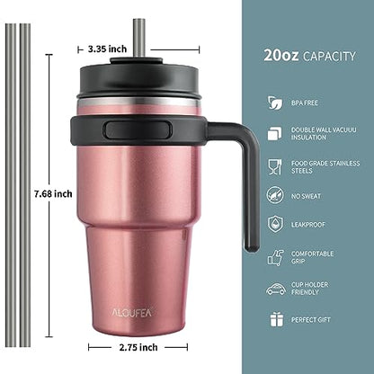 20 oz Insulated Travel Coffee Mug Tumbler with Handle and Straw | Leakproof Stainless Steel Coffee Cup with Lid, Double Wall Vacuum Ice Thermal Cup, Rose Gold - color: .Rose Gold, size: 20 Ounces