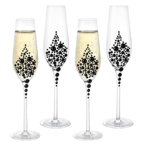 MyGift Champagne Flutes 6 oz, Clear Glass Stemmed Toasting Glasses with Faux Black Pearls – Wedding, Bridal Shower & Bachelorette Party Glassware Set of 4 - color: Black