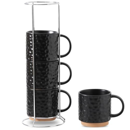 Nihow 16 Oz Ceramic Coffee Mug Set of 4 with Stackable Stand,Matte Black | Stackable, Stainless Stand Included, Cappuccino & Tea, Hot/Cold Drinks, Dishwasher & Microwave Safe - color: Matte Black, size: 16 oz With Stand
