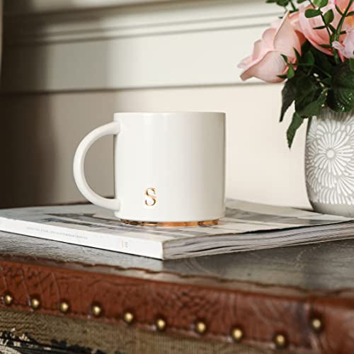COLLECTIVE HOME Ceramic Coffee Mug, 15 oz Monogram Cup with Gift Box(S) | Dishwasher Safe, Engraved Gold Letter , Personalized Housewarming Birthday Present, Christmas Thanksgiving Mothers Day Gifts - color: gold-s