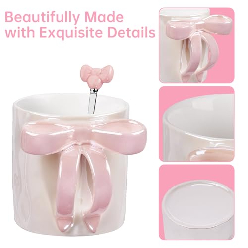 NiHome Cute Pink Bow Handle Ceramic Coffee Mug 12oz, Electroplated Shimmering Starry Finish, High-Temperature Fired, Girly Aesthetic Cup for Women, Home Office Travel, Pink - color: Pink, size: 12 Ounces