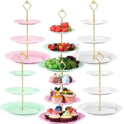 6 Pcs 3 Tier Cupcake Stand Tea Party Trays 3 Tier Serving Tray Plastic Dessert Stand Cake Fruit Candy Display Tower for Wedding Birthday Tea Party (Round,White,Pink,Green) - color: White,pink,green, size: Round