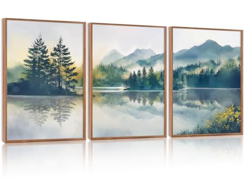 HPNIUB Green Mountain Framed Canvas Wall Art Set, (12X16 Inch) Nature Foggy Forest Lake Reflection Wall Decor,Modern Pine Tree Artwork,Watercolor Landscape Art Print for Living Room,Bedroom,Office - color: Green Mountain Wall Art