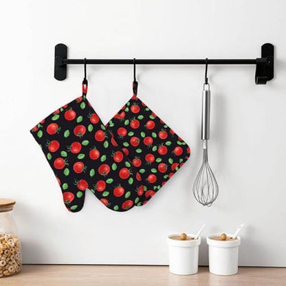 Cherry Tomatoes and Leaves Oven Mitts and Pot Holders Sets Silicone Kitchen Oven Mitts Hot Pads Heat Resistant Potholders Kitchen Mitts Set for Baking BBQ Cooking - color: Red Black