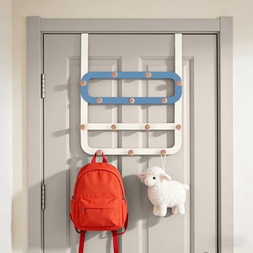 Over Door Hooks for Kids Backpacks - 21.5" Extra Long Door Hanger Low Reach, 14 Wooden Ball Coat Rack for Nursery Bedroom Bathroom, White & Green Purse Bag Towel Holder Organizer - color: Blue
