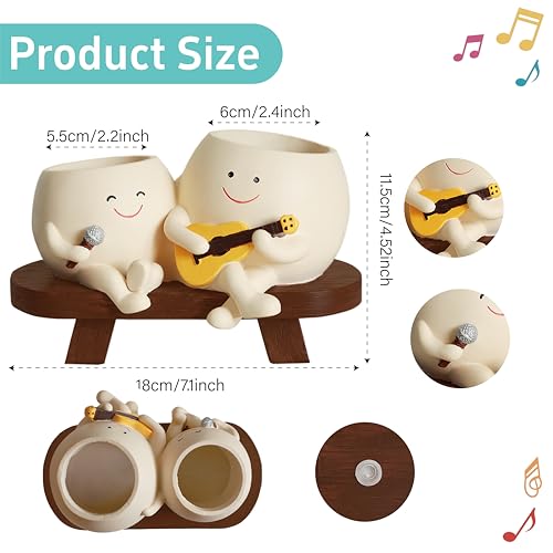 Smiley Face Planter Pot,Unique Double Head Guitar Singing Planter | with Drainage Hole Resin Cute Plant Pot,for Indoor Outdoor Plants