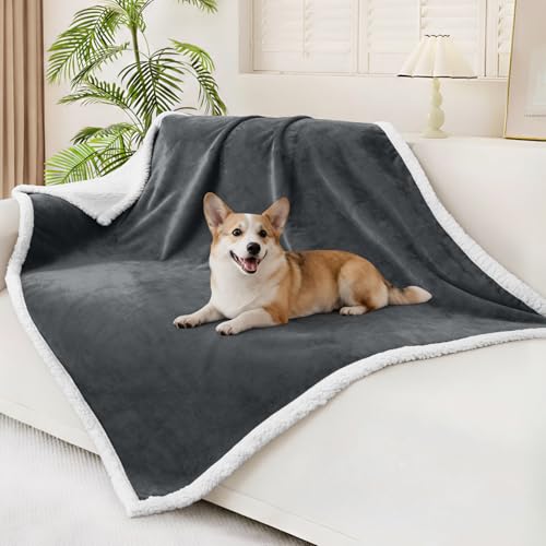 Smiry Waterproof Blanket Throw, Reversible Dog Blanket for Sofa Couch Bed | Soft Leakproof Sherpa Fleece, Washable Furniture Couch Protector for Large Dogs Cats, 50"x60", Dark Grey/White - color: Dark Grey/White, size: 50"x60"