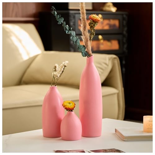 Matte Pink Vase Set of 3 - Modern Boho Aesthetic Bud Ceramic Vases Home Decor - Centerpieces Decor for Dining Table Living Room Coffee Table Bookshelf Mantle Entrance Console Decorations (Pink) - color: Pink
