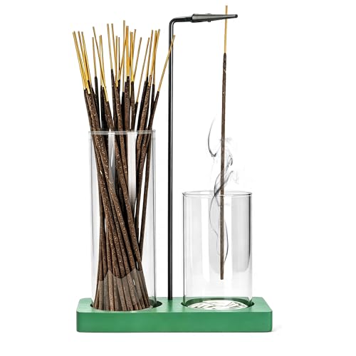 2 in 1 Incense Holder for Sticks Incense Burner Holder with Storage,Glass Upside Down Incense Holder for Sticks with Glass Ash Catcher for Meditation Yoga Spa Room Home Decor[Green] - color: Green, size: 1 tall 1 short glass