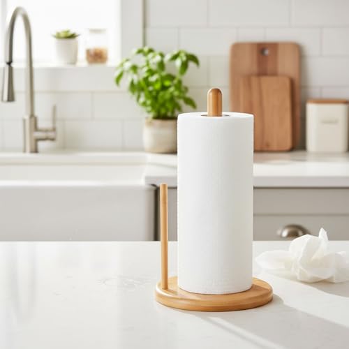 Bamboo Paper Towel Holder, Natural Bamboo Wooden Countertop Standing Paper Towel Holder, Free-Standing Kitchen Roll Hanger Rack for Dining Table Bathroom Bedroom Living Room - color: Roud Shape Base